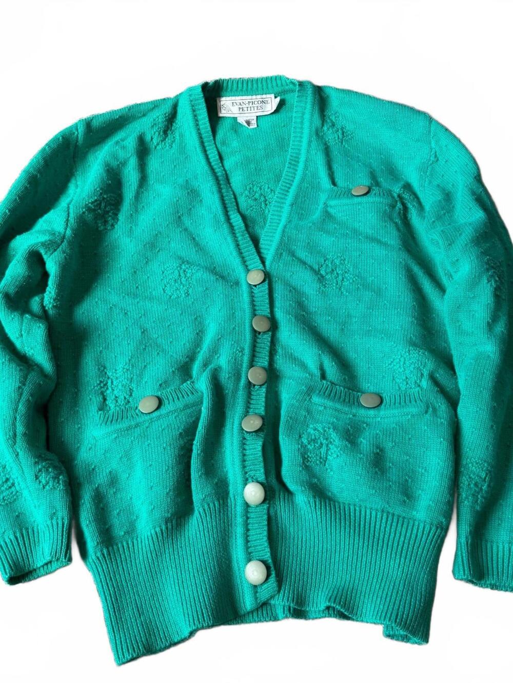 Vintage Evan-Picone Petites Green Knit Cardigan Sweater Size S